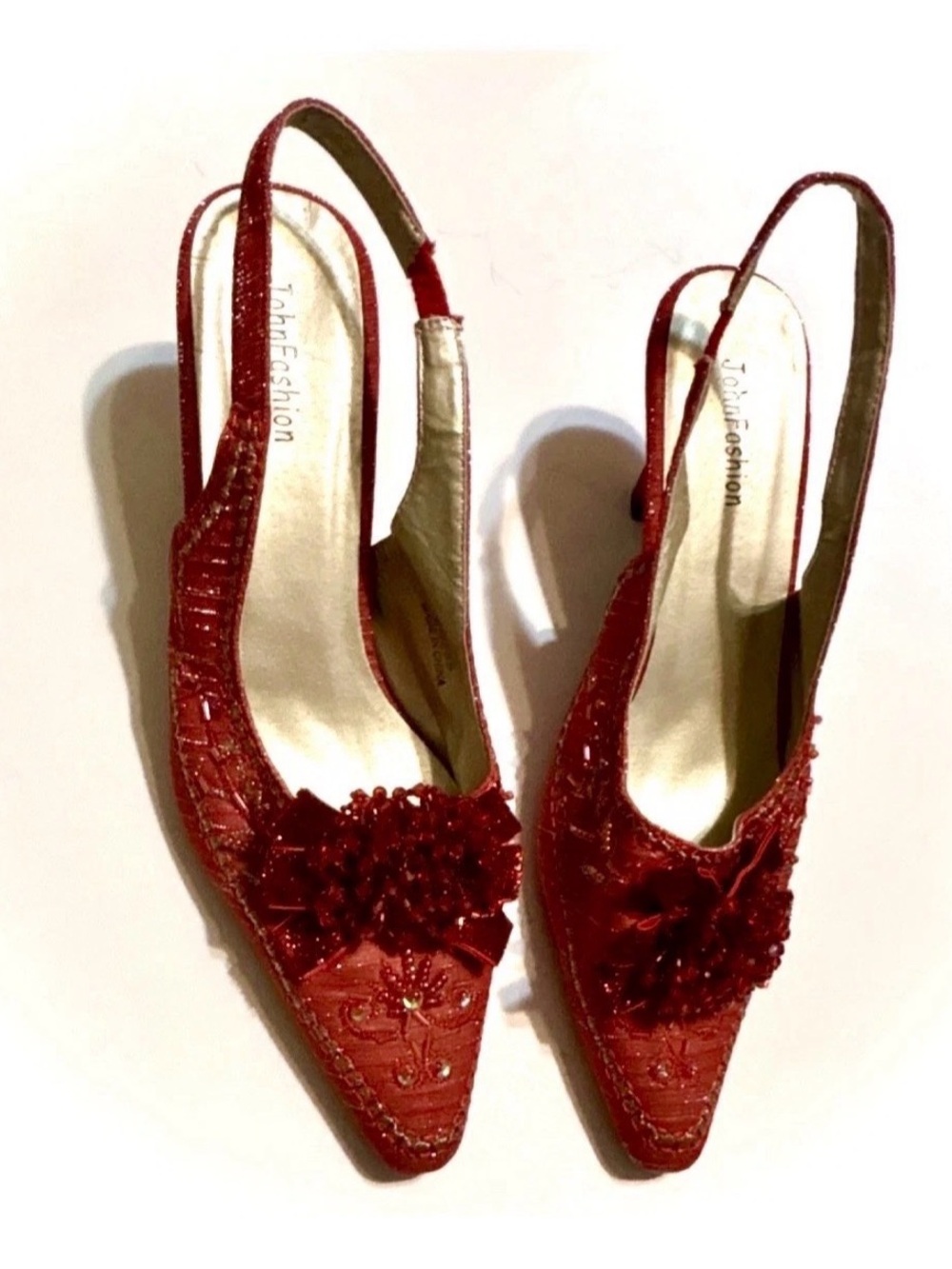 Red Slingback Pointed Toe Heels with Floral Applique -
